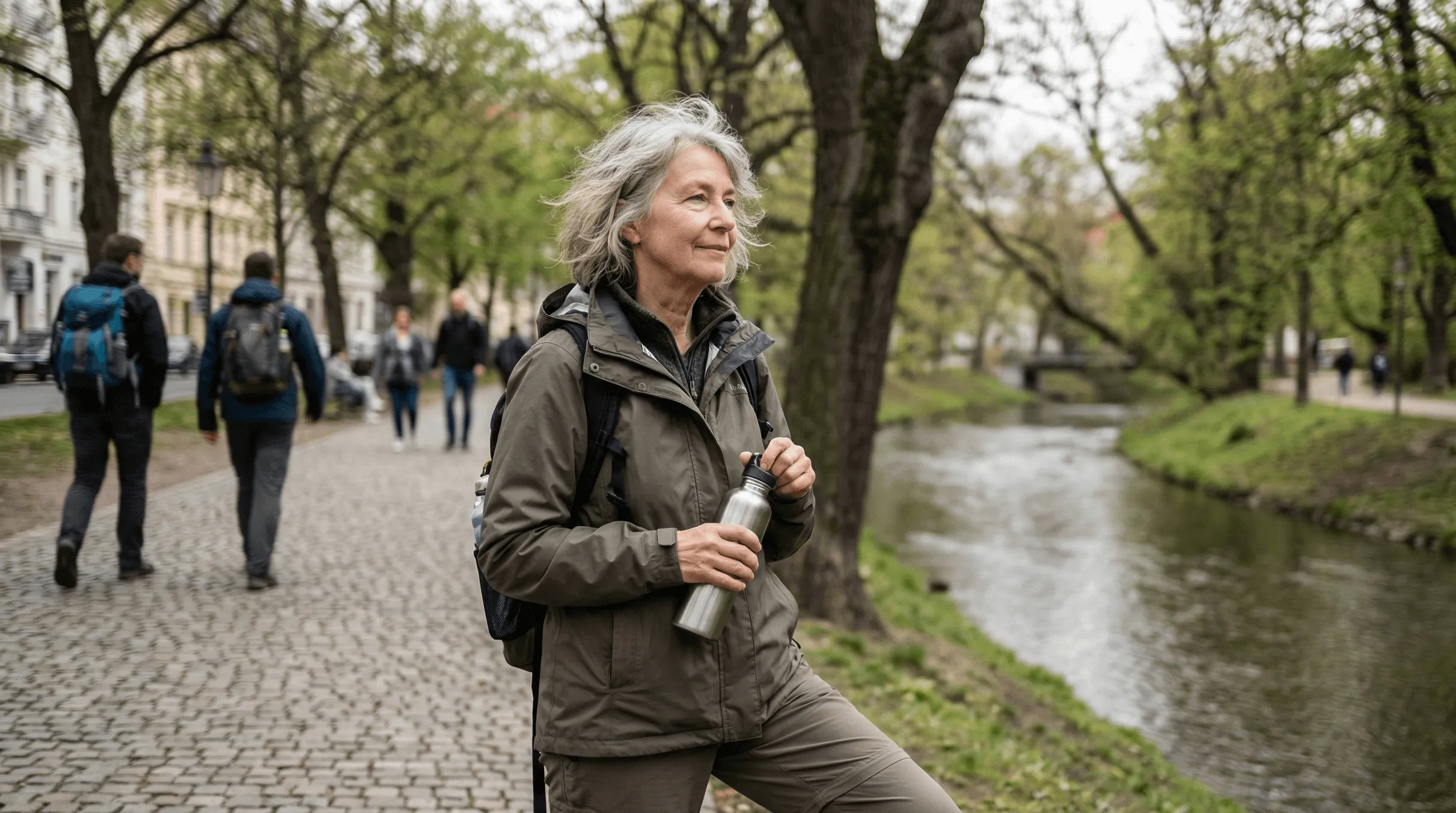 Een vrouw wandelt met een tas langs een gracht.