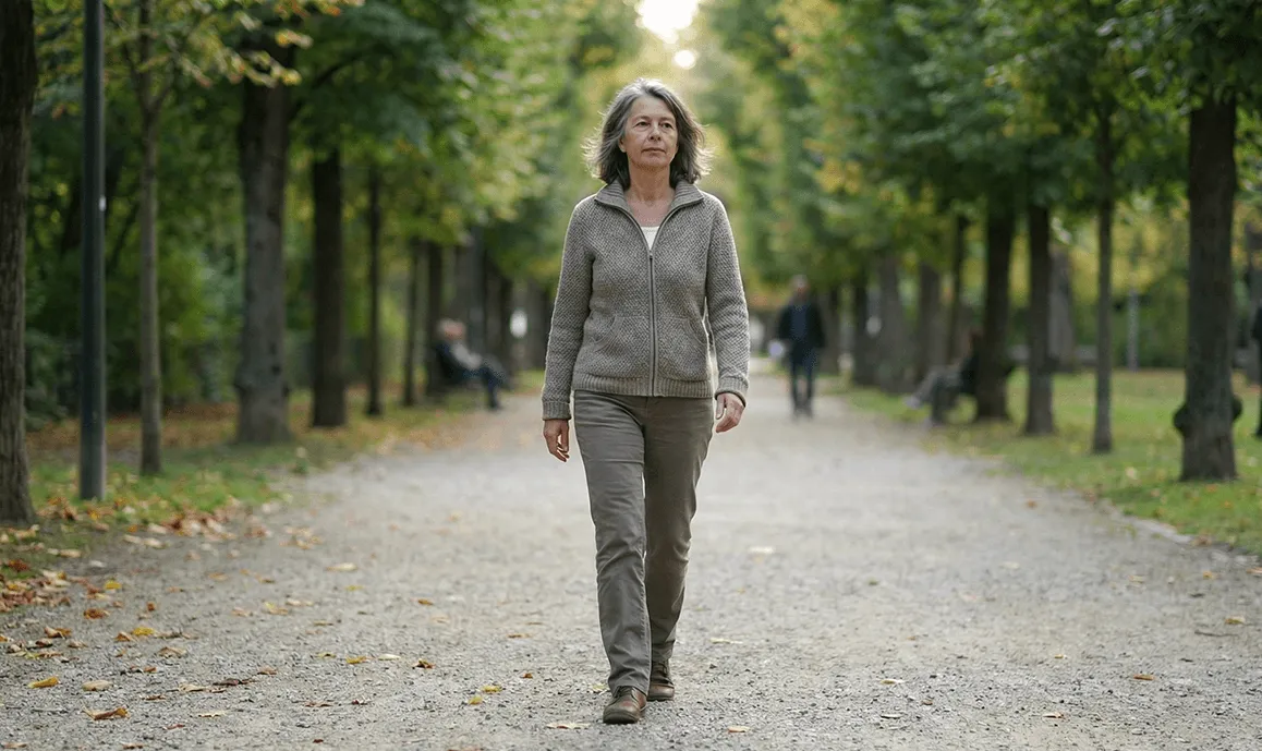 Een vrouw wandelt over een pad tussen de bomen.