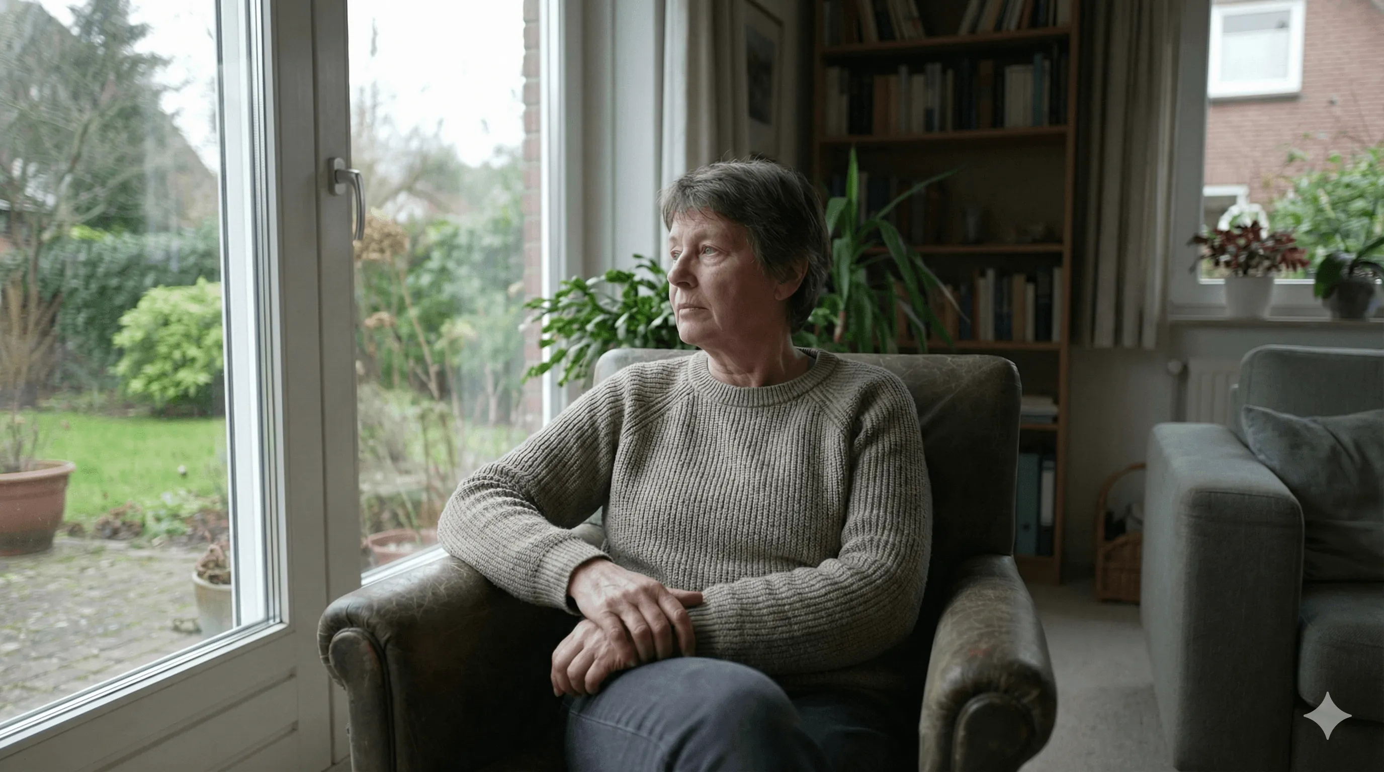 Een vrouw zit in een leunstoel bij het raam en kijkt rustig voor zich uit.