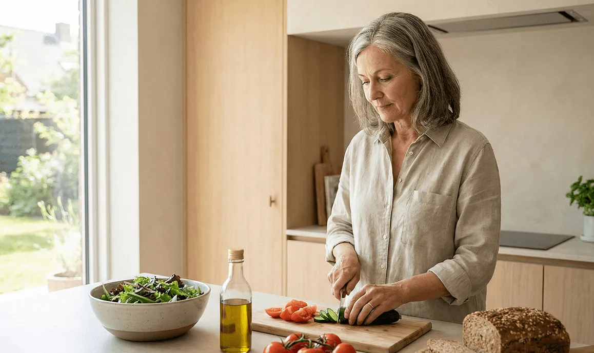 Een vrouw bereidt eten in haar keuken.