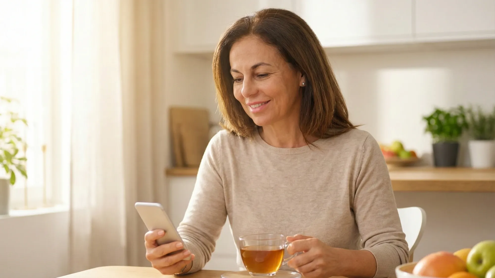 Een vrouw zit met een kop thee aan de keukentafel en kijkt glimlachend op haar telefoon.