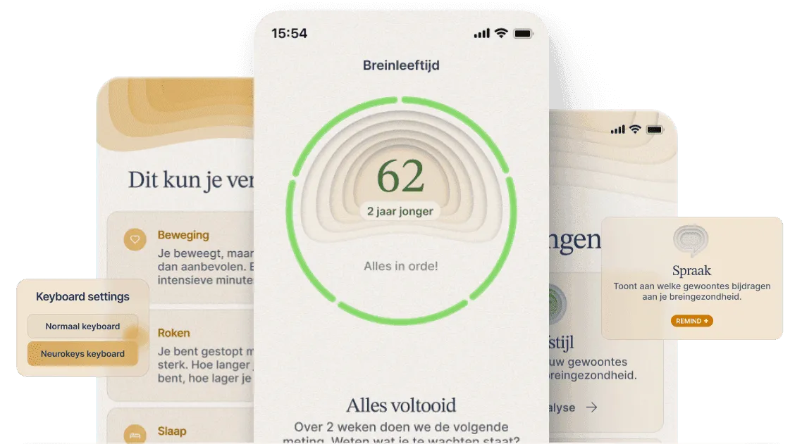 Drie schermen uit de Remind-app, met de breinleeftijd in het midden